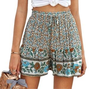 Pull-on High Waisted Paper Bag Floral Boho Shorts